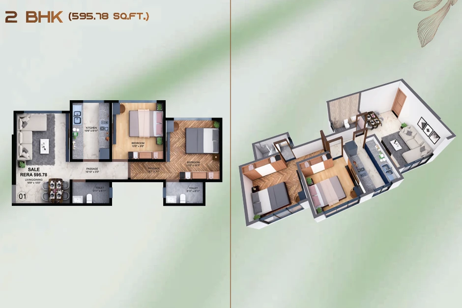 The Obsidian 2 BHK Floor Plan - 595.78 Sq.ft