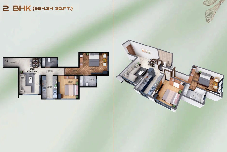 The Obsidian 2 BHK Floor Plan - 654.34 Sq.ft