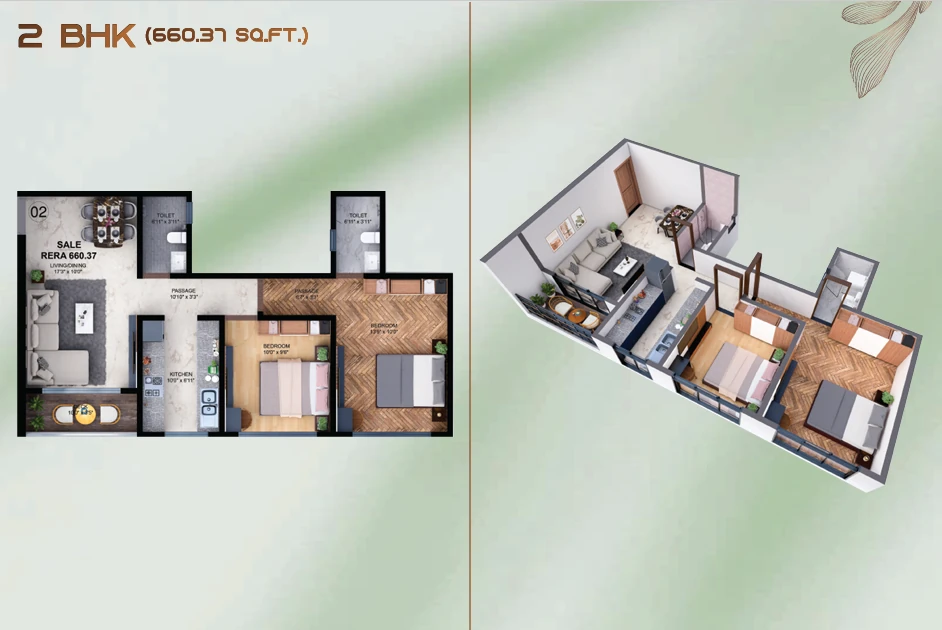 The Obsidian 2 BHK Floor Plan - 660.37 Sq.ft