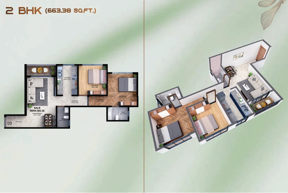 The Obsidian 2 BHK Floor Plan - 663.38 Sq.ft