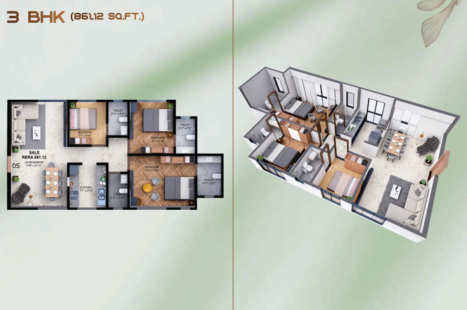 The Obsidian 3 BHK Floor Plan - 861.12 Sq.ft